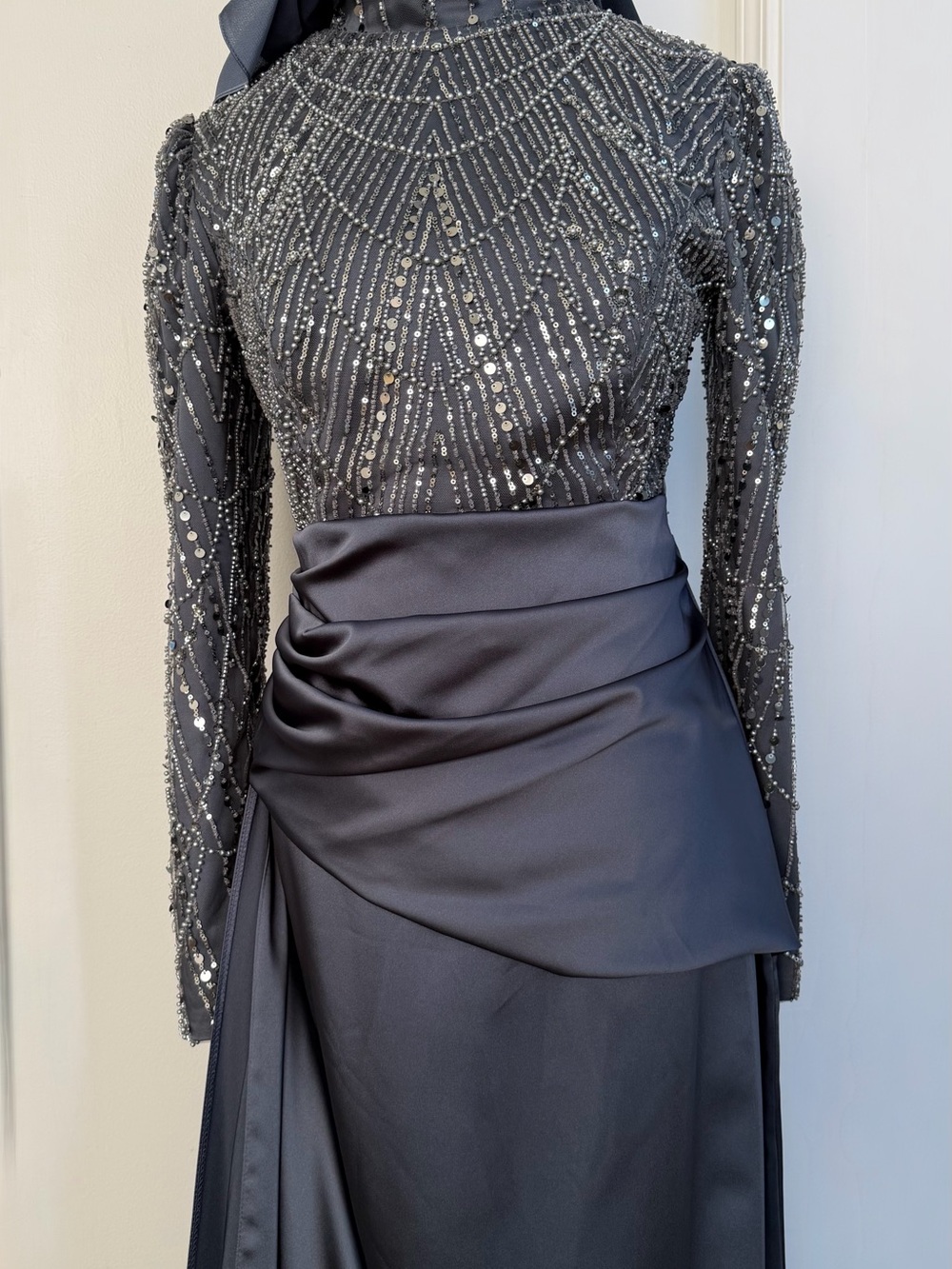 Beaded Long-Sleeve Modest Evening Dress in Charcoal Gray